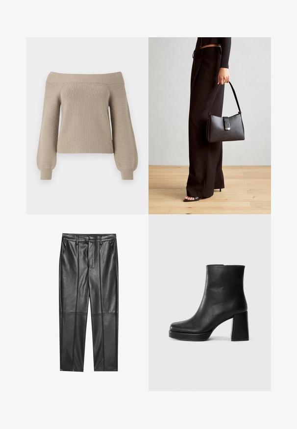 Suéter de malha bege sem ombros, com textura canelada, mangas longas em balão e um corpo ajustado. Acabamento de tecido suave, design casual.; Calças de pele preta com uma textura suave, apresentando um ajuste reto, dois bolsos frontais e detalhes de costura visíveis.; Bota de couro preta até ao tornozelo com salto bloco e sola com plataforma, vista de lado sobre um fundo branco liso.; Bolsa preta com forma estruturada, textura suave e um fecho metálico. Combinada com calças largas pretas e sandálias de salto aberto sobre um chão de madeira.