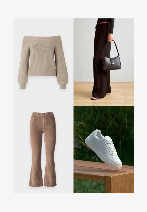 Beige plecu polējoša adīta džemperis ar ribotu tekstūru, garām balona piedurknēm un pieguļošu siluetu. Gluda auduma virsma, ikdienas dizains.; Brūni kordūrveida izspiedumi ar ribota tekstūru, ar augsto jostasvietu, piecām kabatām un priekšējo pogu aizdari.; Baltie sporta apavi ar gludu sintētisku augšpusi, perforētu pirkstu daļu, plakani šņorēm un rakstainu zoli, novietoti uz koka virsmas.; Melnā somiņa ar strukturētu formu, gludu tekstūru un metālu sprādzi. Saskaņota ar platām melnām biksēm un sandālēm ar atvērtu purngalu uz koka grīdas.