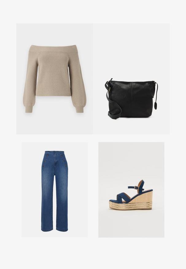 Pull en maille beige à épaules dénudées avec texture côtelée, manches longues ballon et corps ajusté. Finition en tissu lisse, design décontracté.; Jeans en denim taille haute de couleur bleu moyen. Ils présentent des accents de boutons à l'avant et un design à jambes larges. Le tissu a une texture lisse avec un léger délavage.; Sandale compensée bleu marine avec des brides croisées, une plateforme en fibre naturelle texturée, et un accent métallique doré à la base.; Sac bandoulière en cuir noir avec une forme plate, accents en métal doré et une sangle ajustable. Texture lisse avec des détails de couture minimaux.