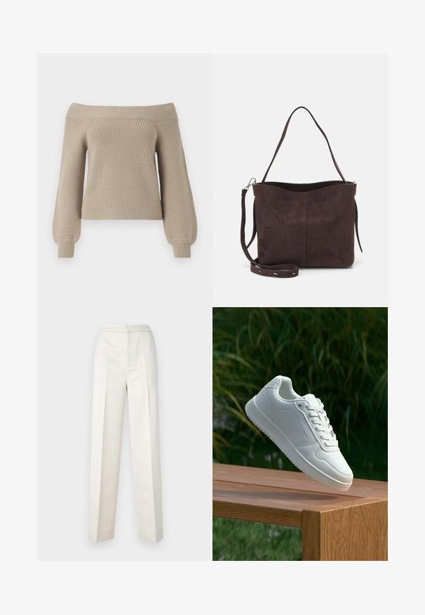 Maglione beige off-the-shoulder in maglia con texture a coste, maniche lunghe a palloncino e forma aderente. Finissaggio in tessuto liscio, design casual.; Pantaloni color crema con vestibilità sartoriale, dotati di gamba dritta, tessuto liscio, pince frontali e orlo pulito. Design minimalista.; Sneaker bianco con tomaia in sintetico liscio, punta perforata, lacci piatti e suola testurizzata, esposto su una superficie di legno.; Borsa a spalla in suede marrone con una texture morbida, caratterizzata da una singola tracolla e un'apertura superiore leggermente curvata. Nessun dettaglio hardware visibile.