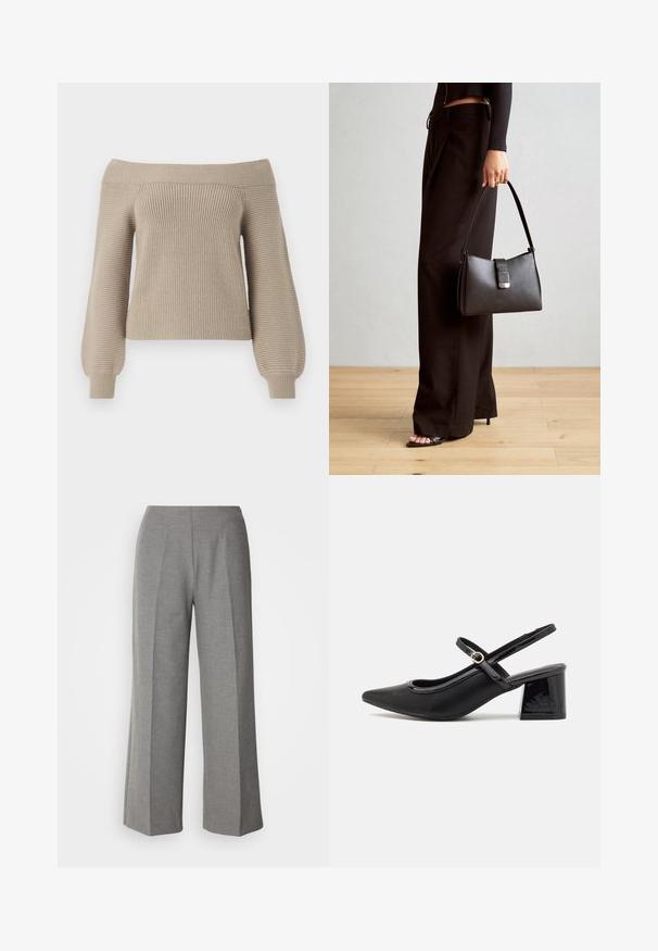 Pull en maille beige à épaules dénudées avec texture côtelée, manches longues ballon et corps ajusté. Finition en tissu lisse, design décontracté.; Pantalons larges gris sur mesure avec une texture lisse, présentant un devant plat et des plis bien marqués sur chaque jambe.; Escarpins slingback en cuir verni noir avec un embout pointu, un design à découpes arrondies et un talon carré. Présente un accent de boucle en ton doré.; Sac à main noir à la forme structurée, texture lisse et fermoir métallique. Associé à un pantalon noir ample et des sandales ouvertes sur un sol en bois.