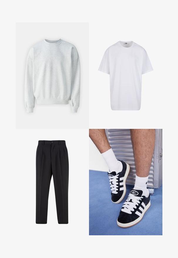 Svijetlosivi dukserica izrađena od mekanog materijala, sadrži okrugli izrez, rebraste manžete i opušteni kroj s lagano spuštenim ramenima.; Bijela pamučna majica s kratkim rukavima, zaobljenim izrezom, opuštenog kroja, bez vidljivih logotipa ili uzoraka. Glatka tekstura i minimalni dizajn.; Crne hlače s nabranim prednjim dijelom, izrađene od glatkog materijala. Imaju zatvaranje na gumb i petlje za remen; ravne su krojen.; Crne nubuk tenisice s bijelim vezicama i tri bijele pruge. Imaju kružni crni logo na jeziku i gumeni potplat.