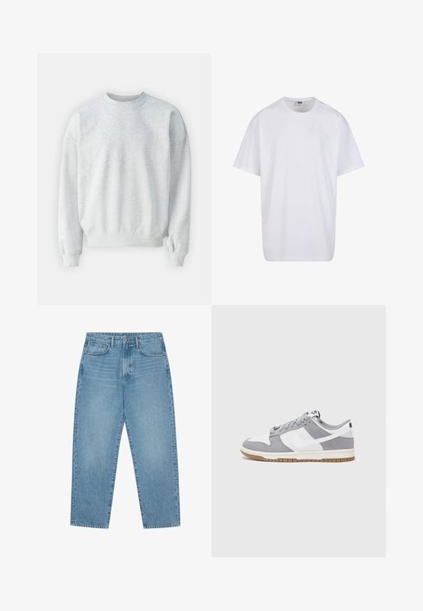Sudadera de color gris claro hecha de tela suave, con un cuello redondo, puños acanalados y un corte relajado con hombros ligeramente caídos.; Camiseta blanca de algodón con mangas cortas, cuello redondo, corte relajado y sin logotipos ni patrones visibles. Textura suave y diseño minimalista.; Jeans de denim azul claro de pierna ancha con cintura alta, que cuentan con cinco bolsillos, trabillas para cinturón y una textura suave y ligeramente deslavada.; Zapatilla gris y blanca con parte superior de ante y cuero, puntera redondeada, cordones planos y suela de goma con un acento de goma.