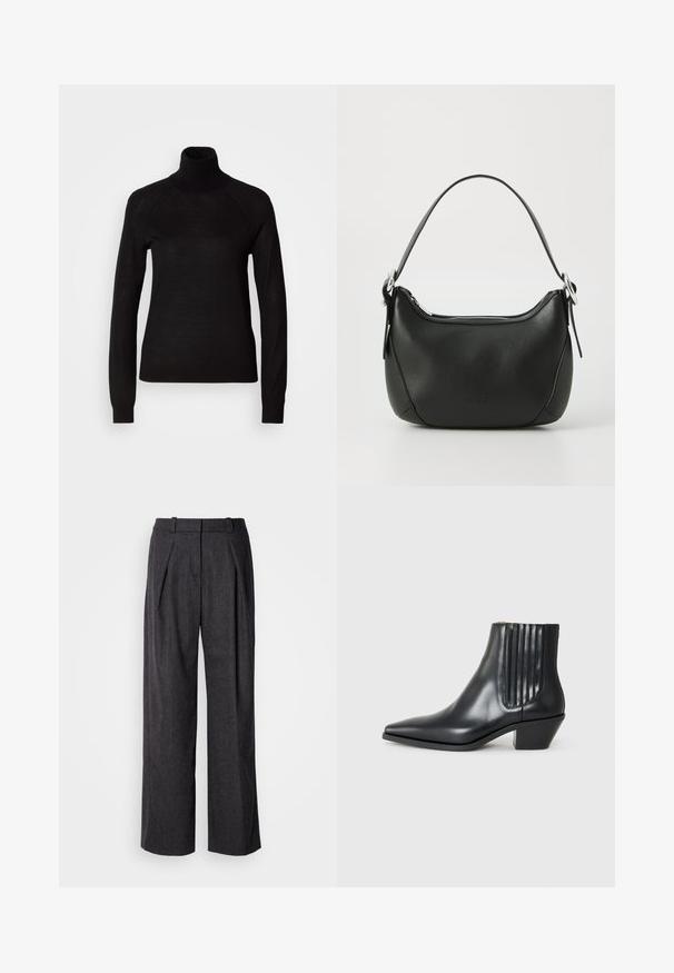 Fekete garbó pulóver, könnyű kötött anyagból készült. Hosszú ujjakkal és testhezálló siluettel rendelkezik, jellegzetes raglán varrással.; Sötétszürke, bő szárú nadrág texturált anyagból, elülső plisszékkel és klasszikus derékpánt kialakítással. Nincs látható zseb.; Fekete bőr bokacsizma hegyes orral, elasztikus oldalsó panelekkel, amelyek függőleges bemetszésekkel rendelkeznek, és alacsony blokk sarkú. Sima textúrájú és elegáns dizájn.; Fekete bőr kézitáska ívelt formával, ezüst cipzárral és rövid fogantyúval. Az elején diszkrét logó található, és sima tapintású.