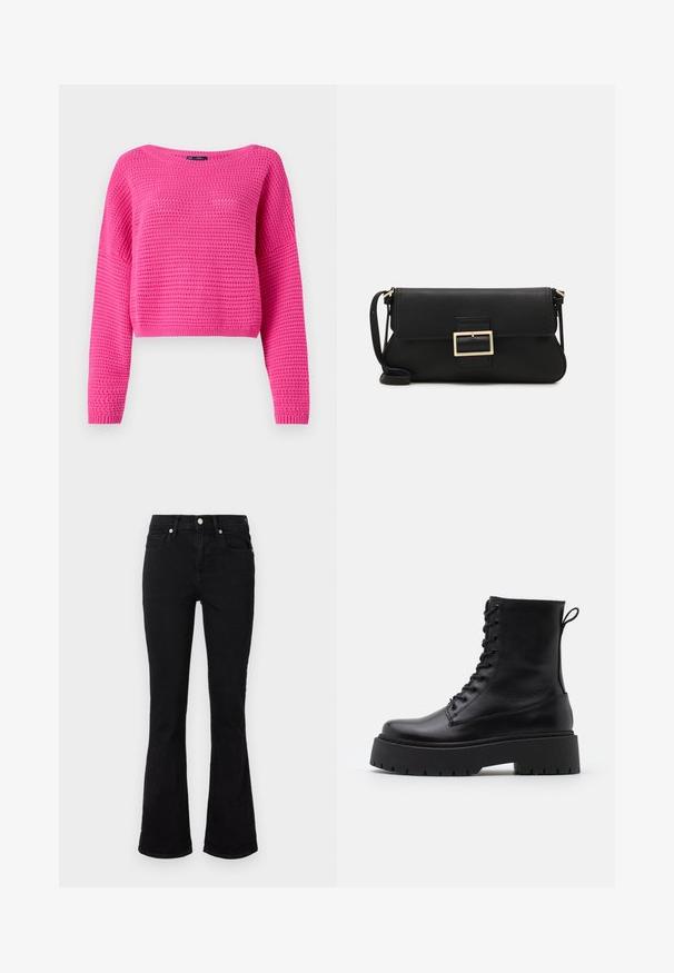 Rozi īsā džemperis ar teksturētu adījumu, plašu kakla izgriezumu un garām piedurknēm. Ribotais apakšmalas un piedurkņu gals. Izgatavots no viegla materiāla.; Melni zvilnēti džinsi ar izplestiem iekšējiem galiem, ar vidēju vidukļa augstumu, priekšējām kabatām un pogu aizdari. Gluda tekstūra ar minimālām šuvju detaļām.; Melni ādas potītēm zābaki ar apļveida purngalu, auklām priekšpusē un biezu gumijas zoli ar teksturētu protektoru. Velkšanas cilpa aizmugurē.; Melnas ādas saķeres soma ar atloku un zelta metāla sprādzi. Ietver melnu siksnu un elegantu, minimālistisku dizainu.