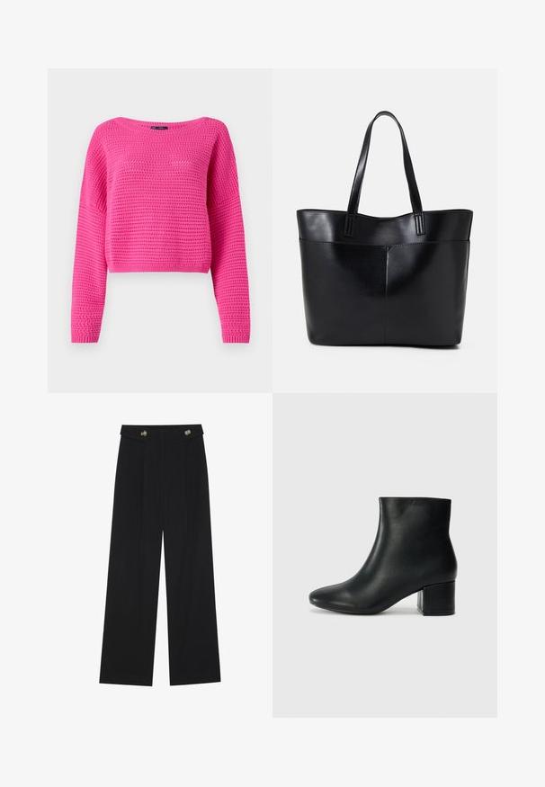 Rozi īsā džemperis ar teksturētu adījumu, plašu kakla izgriezumu un garām piedurknēm. Ribotais apakšmalas un piedurkņu gals. Izgatavots no viegla materiāla.; Melnas platās bikses ar augstu jostasvietu, pogu detaļām uz jostas un priekšējām krokām.; Melna ādas potīšu zābaki ar smailu purngalu un masīlu papēdi. Gluda tekstūra ar minimāliem akcentiem un gludu, pieguļošu dizainu.; Melnas ādas iepirkumu soma ar divām garām rokturām, gludu tekstūru un strukturētu formu. Iekļauj priekšējo kabatu papildu uzglabāšanai.
