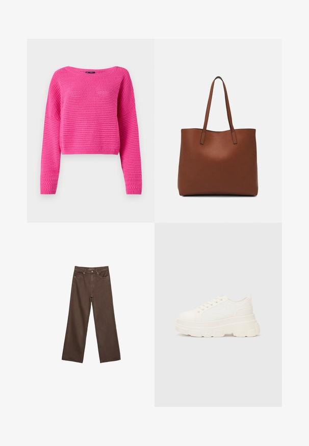 Roza skrajšana jopica z teksturiranim pletenim vzorcem, širokim izrezom in dolgimi rokavi. Ribljen rob in manšete. Narejena iz lahkega materiala.; Široke rjave kavbojke iz denima, ki imajo visok pas, sprednje žepe in klasično zapiranje na gumb. Gladka tekstura s subtilnim šivom.; Bela platnena teniska z debelim podplatom, okroglo konico in petimi luknjicami za vezalke. Zadaj je dodana zanka za enostavno obuvanje. Gladka tekstura, minimalistična zasnova.; Rjava usnjena torba z gladko teksturo, odprto zasnovo zgoraj in dvema naramnima trakovoma. Opremljena je z minimalnim šivanjem in brez vidnih kovinskih delov.