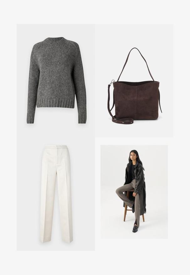 Marc O'Polo DENIM CREW NECK LONG SLEEVE CHUNKY - Džemperis - dark shadow melange; Krēma krāsas bikses ar pielāgotu piegriezumu, ar taisnu nogriezumu, gludu audumu, priekšējo krokām un tīru apdari. Minimalistisks dizains.; Melnas ādas tranšejas mētelis ar pogām un jostu, apvienots ar gaiši brūnām pieguļošām biksēm un melnā krāsā loafers, sēžot uz koka krēsla.; Brūns zamšādas roku soma ar mīkstu tekstūru, aprīkota ar vienu plecu siksnu un nelielu izliekta augšējā atvēruma dizainu. Nav redzamu metāla detaļu.