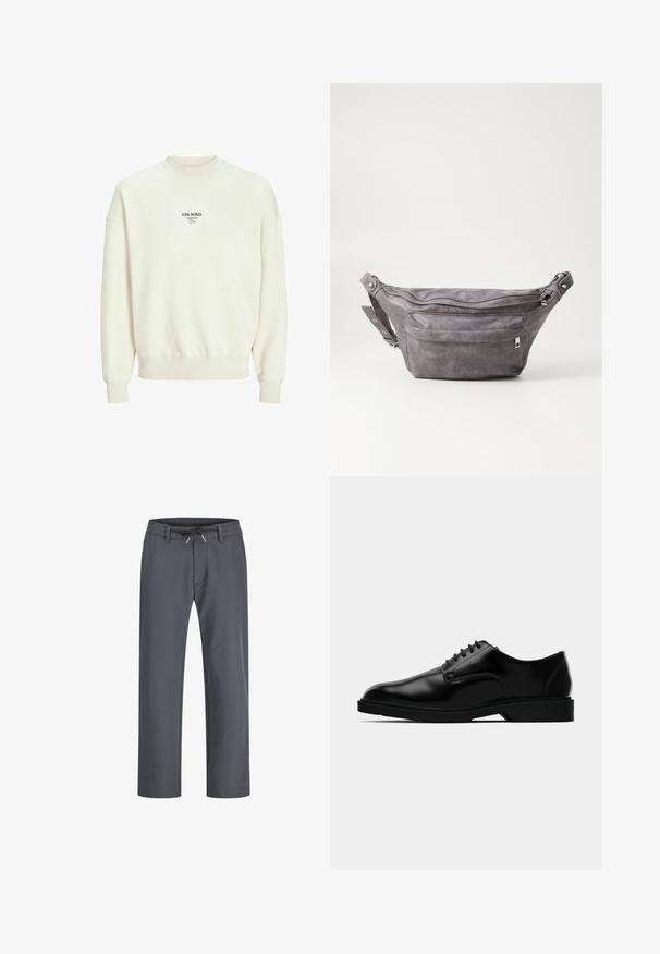 Kreminės spalvos džemperis su raukšlėta apykakle, elastingais rankogaliais ir apačia. Priekyje yra juodas spausdintas logotipas. Minkšta tekstūra.; Pilki, elastinga juosta apatiniai su raišteliu. Tiesių kojų dizainas, pagamintas iš lygaus audinio, turi minimalų siuvimą ir jokių matomų detalių.; Juodas odinis klasikinis batelis su lygiu paviršiumi, apvaliu nosiu, raišteliais ir diskretišku guminio pado dizainu, užtikrinančiu sukibimą.; Pilkas suedes fanny pack'as apvalios formos, su dviem užtraukiamais skyreliais ir reguliuojama diržele. Yra metaliniai aksesuarai.