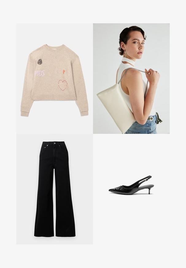 Beige verkürzter Pullover mit bestickten Details. Enthält verschiedene farbenfrohe Patches, darunter Text und ein herzen Design. Gerippte Bündchen und Saum.; Schwarze Jeans mit weitem Bein, gefertigt aus Denim, mit hoher Taille, fünf Taschen, vorderer Knopfverschluss und minimalen Nahtdetails.; Schwarze Leder-Slingback-Absätze mit einer spitzen Zehenform, kleinen Kitten-Absätzen und einem dekorativen Knoten-Detail auf der Vorderseite. Glatte Textur über die gesamte Fläche.; Weiße rechteckige Clutch aus glänzendem Material mit einem silbernen Kettenriemen. Das Model posiert und präsentiert die Tasche vor einem schlichten Hintergrund.