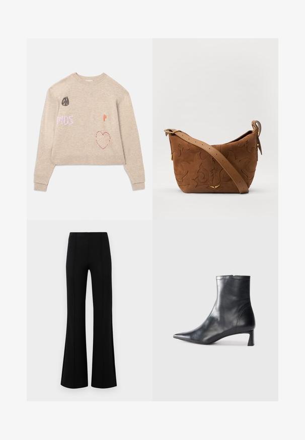 Beige lühike kampsun, millel on broderi detailid. Omab erinevaid värvilisi plekke, sealhulgas teksti ja südame kujundust. Ribitud varrukad ja äär.; Mustad põlvpüksid kõrge vöökohaga, valmistatud venivast kangast. Esiküljel on vertikaalsed õmblusdetailid ja sile tekstuur.; Mustad mustall nahkasaabas terava nina ja stiilse disainiga. Omab madalat konts ja luku sulgemist taga. Sile tekstuur.; Pruun sametist õlavarre kott, millel on reljeefne lillemuster, mida täiendab sile pruun nahast rihm ja kuldse tooni lisandid.