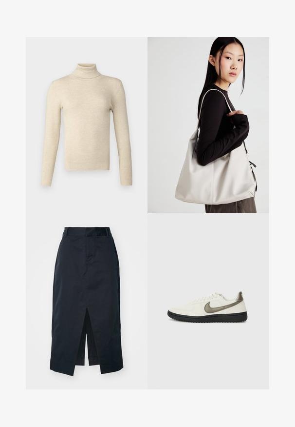 Bež turtleneck pulover z rebrastim vzorcem v oprijetem kroju in dolgimi rokavi. Mehka tekstura, minimalno oblikovanje in gladek zaključek.; Temno modra midi krila iz mešanice bombaža, z značilnim sprednjim razporkom, zadrgo, skrito na strani, in stranskimi žepi za funkcionalnost.; Nike Sportswear FIELD GENERAL - Športni copati - off-white/black; Bežna torbica iz mehkega materiala, z ohlapno zasnovo, šivi in dvema naramnicama. Primerna za vsakodnevno uporabo.