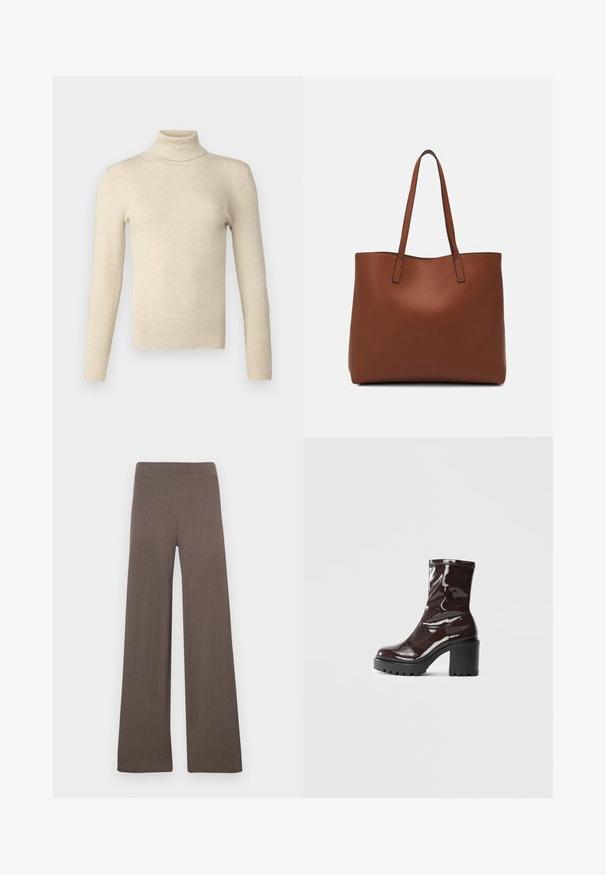 Beige ribbed turtleneck sweater in a fitted design with long sleeves. Soft texture, minimal detailing, and a smooth finish.; Ribbed wide-leg pants in a dark brown color, featuring a stretchy waistband and a soft, textured fabric.; Glossy burgundy ankle boot with a chunky black heel, featuring a smooth texture and simple design. No visible fastenings or patterns.; Brown leather tote bag with a smooth texture, open top design, and two shoulder straps. Features minimal stitching and no visible hardware.