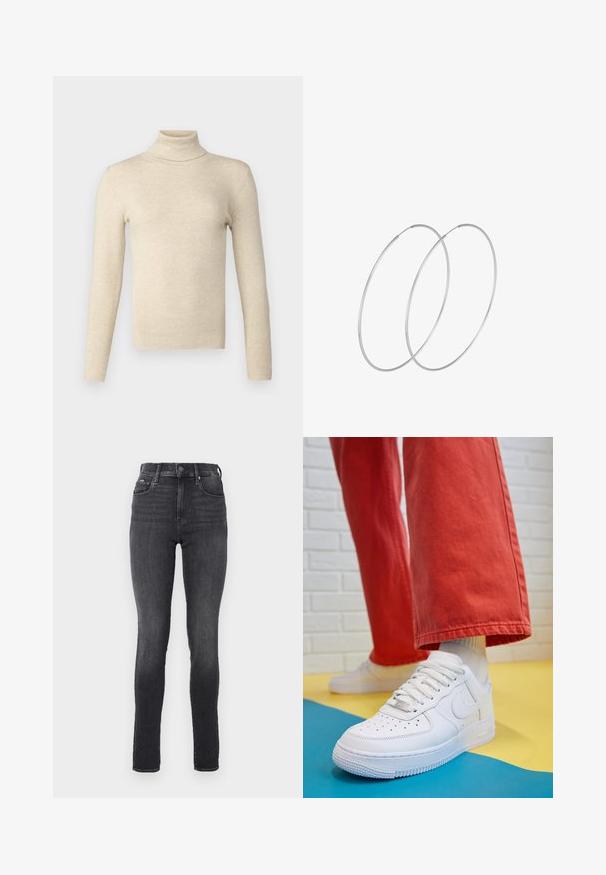 Beige žebrovaný rolák s přiléhavým střihem a dlouhými rukávy. Měkká textura, minimální detaily a hladký povrch.; Džiny s vysokým pasem v tmavě šedém denimovém materiálu, hladká textura, s předními kapsami a kovovým knoflíkem na zapínání v pase.; Bílé kožené tenisky s perforovanou špičkou, texturovanou podešví a bílými tkaničkami, v kombinaci s širokými červenými kalhotami a modro-žlutým pozadím.; Stříbrné kruhové náušnice s minimalistickým designem. Kruh, hladký povrch a tenký profil. Lehká konstrukce s lesklým povrchem.