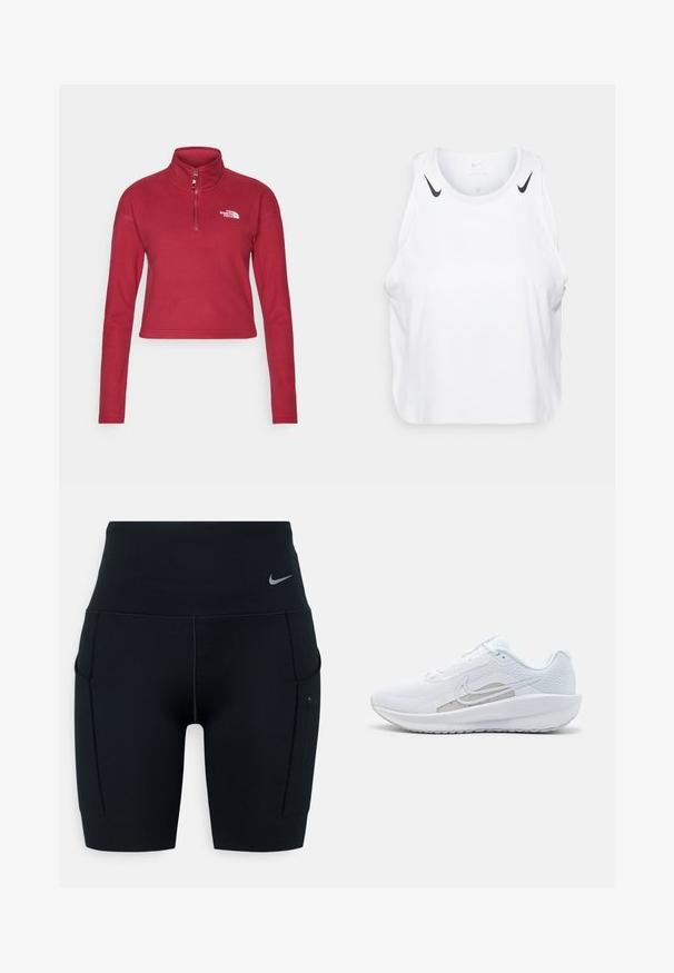The North Face GLACIER CROPPED ¼ ZIP - Suéter de forro polar - beetroot; Top sin mangas blanco de tela ligera, con detalles del logo negro de Nike en los hombros, escote redondo y ajuste holgado.; Shorts deportivos negros de talle alto hechos de material elástico; cuentan con bolsillos laterales y un pequeño logotipo de Nike en la cinturilla.; Zapatilla deportiva blanca con parte superior de malla, punta redondeada y suela texturizada. Presenta un swoosh de Nike plateado y un diseño minimalista.