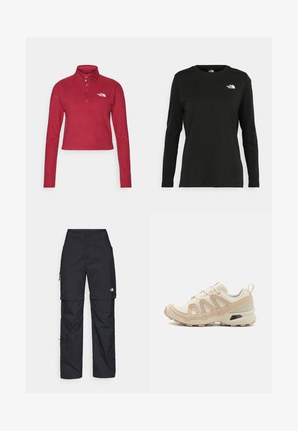 The North Face GLACIER CROPPED ¼ ZIP - Fleece jumper - beetroot; Black long-sleeve t-shirt made of cotton with a round neck. Features a small white logo on the left chest area. Simple design and fit.; Black nylon zip-off cargo trousers with adjustable cuffs, multiple pockets, and a logo on the right leg. Smooth, lightweight texture.; Beige and cream athletic shoe with textured mesh upper, supportive overlays, and rubber outsole featuring a tread pattern for traction.