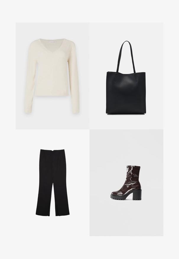 Kremast pulover z V-izrezom in dolgimi rokavi, z rebrastimi manšetami in robom, prikazan na enostavni beli podlagi.; Črne hlače ravnega kroja z naglavnimi žepi in stranskimi razporki na robu. Narejene iz mehke, gladke tkanine. Primerne za različne priložnosti.; Sijajan škrlatank z bleščečim videzom, z masivnim črnim peto, ki se ponaša z gladko teksturo in preprostim dizajnom. Brez vidnih zapenjal ali vzorcev.; Črna usnjena torba s svilnato teksturo, pravokotne oblike in dvema dolgima ročajema. Brez vidnih metalnih delov ali okrasnih elementov.