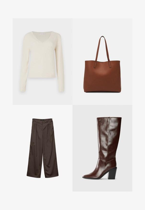 Kremast pulover z V-izrezom in dolgimi rokavi, z rebrastimi manšetami in robom, prikazan na enostavni beli podlagi.; Hlače širokega kroja v temno rjavi tkanini z gladko teksturo. Značilnosti vključujejo gube spredaj in standarden pas.; Visok temno rjav usnjen čevelj s koničastim nosom in zloženim blokastim petkom, prikazan s strani na enostavni podlagi.; Rjava usnjena torba z gladko teksturo, odprto zasnovo zgoraj in dvema naramnima trakovoma. Opremljena je z minimalnim šivanjem in brez vidnih kovinskih delov.