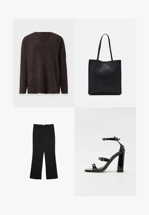 Dunkelbrauner V-Ausschnitt-Pullover mit langen Ärmeln und lockerer Passform. Weicher Stoff mit leicht gerippten Bündchen und Saum. Keine sichtbaren Logos.; Schwarze Hose mit geradem Schnitt, ausgestattet mit Fronttaschen und Seitenschlitzen am Saum. Hergestellt aus weichem, glattem Stoff. Geeignet für verschiedene Anlässe.; Schwarze patentierte Sandalen mit Absatz, quadratischer Spitze, Knöchelriemen und silbernen Schnallen. Mit einem stabilen Blockabsatz für mehr Stabilität.; Schwarze Laptoptasche aus Leder mit glatter Textur, rechteckiger Form und zwei langen Griffen. Keine sichtbaren Beschläge oder Verzierungen.