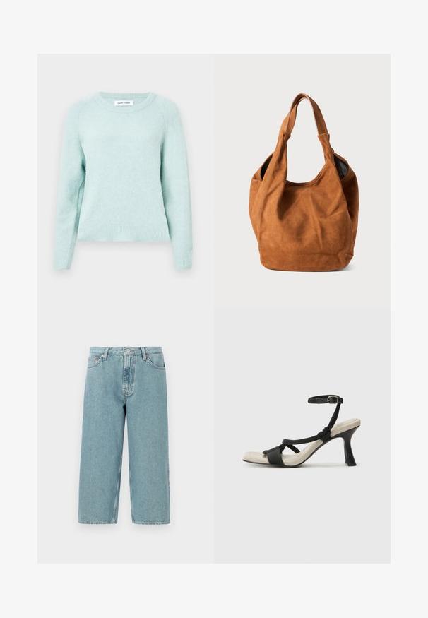 Light mint green pullover sweater made of soft, textured fabric. Features a crew neckline and ribbed cuffs. Classic fit with raglan sleeves.; Light blue denim shorts with a high waist, straight cut, and raw hem. Features a classic button and zipper closure, four pockets.; Black heeled sandal with braided strap design, square toe, and adjustable ankle strap. Light beige footbed with a glossy black heel.; Brown suede shoulder bag with a soft texture, curved shape, and two handles. Features a minimal design with no visible hardware or accents.