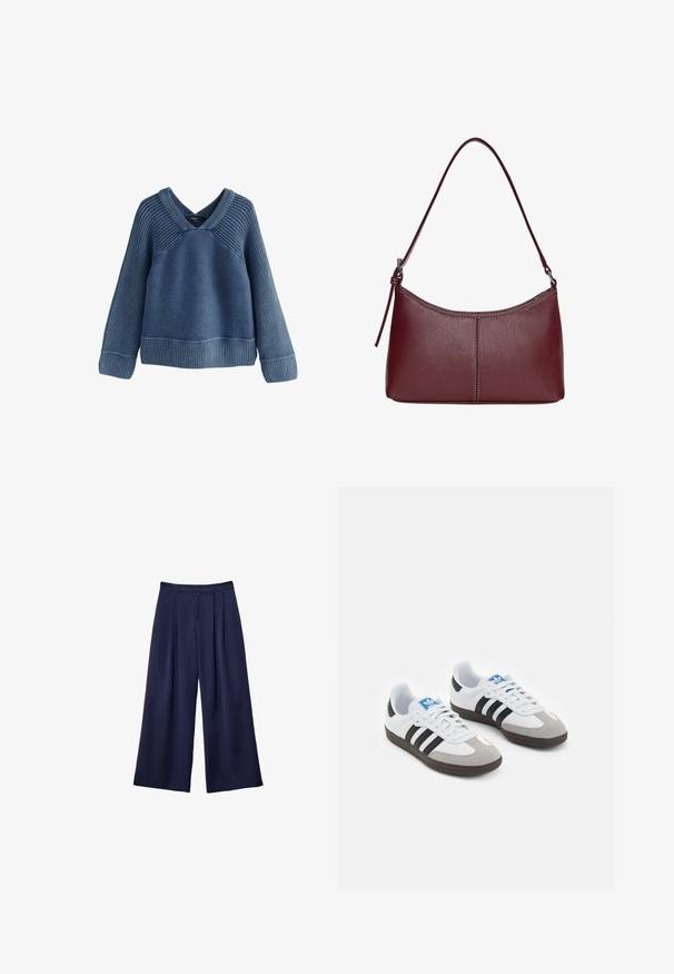 Maglione blu a costine con scollatura a V, maniche lunghe e una vestibilità morbida. Presenta un tessuto testurizzato e un orlo a costine a contrasto.; Pantaloni a gamba larga blu navy con pieghe, vita con bottoni e passanti per cintura, mostrati distesi su uno sfondo bianco.; Scarpe sportive con tomaia in pelle bianca, punta in suede grigia e tre strisce nere. Presentano un logo blu sulla linguetta e una suola in gomma testurizzata.; Borsa a tracolla in pelle bordeaux con forma curvata, una sola tracolla e dettagli cuciti al centro. Texture liscia, hardware minimale.
