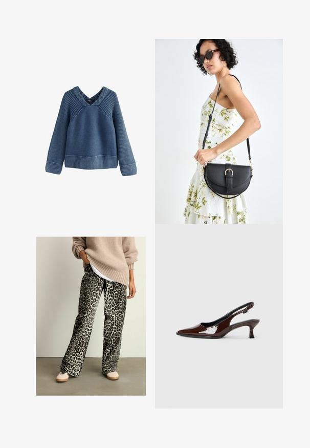 Sinine soonikkude kudumisega sviiter V-kaelusega, pikkade varrukatega ja vabalt langemisega. Omab tekstuurset kangast ja kontrastset soonilise ääristusega.; Leopardimustriga laiad püksid, mis on valmistatud pehmest kangast, kummivööd ja must-beez värviskeem. Kombineeritud beeži kampsuniga.; Pruun patentnahast slingback tossud terava nina ja mõõduka kandega. Omab pandla rihma kindla istuvuse tagamiseks. Sile tekstuur.; Mustmust mustraha kõverate joontega, eemaldatava rihmaga ja kuldsete detailidega. Kotil on klapp, millel on pandladetail.