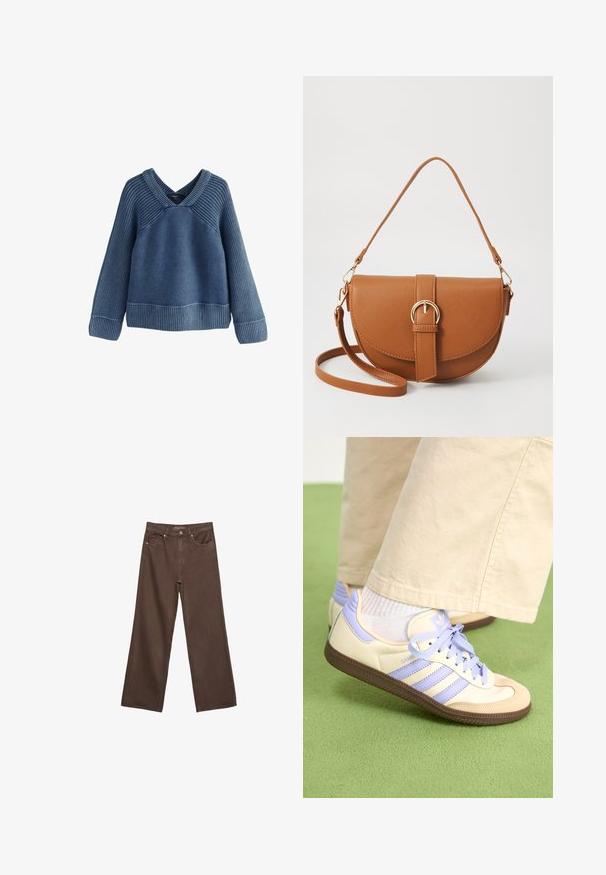 Blå ribbad stickad tröja med V-ringning, långa ärmar och avslappnad passform. Har en strukturerad tyg och en kontrasterande ribbad nederkant.; Breda bruna jeans i denim med hög midja, framfickor och klassisk knäppning. Slät textur med subtil sömnad.; Krämfärgade och lavendelfärgade sneakers med tre ränder och en texturerad brun sula, med snören och en vadderad häl. Mjuk tygobero.; Brun läder crossbody-väska med en böjd form, gyllene detaljer och en spänneaccent. Har en avtagbar axelrem.