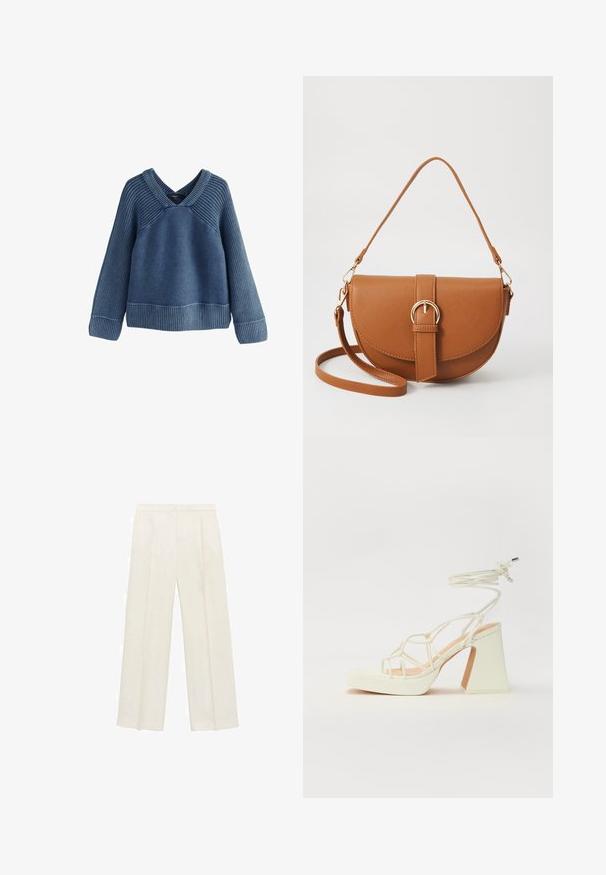 Blauwe ribgebreide trui met een V-hals, lange mouwen en een relaxte pasvorm. Kenmerkt zich door de textuur en een contrasterende ribbelonderrand.; Wijdgevallen broeken in een lichtcrème kleur. Gemaakt van een zachte stof met plooien aan de voorkant en zijzakken.; Witte hoge hakken sandaal met een chunky hak, met een bandjesontwerp en enkelband. Gladde textuur met een plateau voor extra hoogte.; Bruine leren schoudertas met een gebogen vorm, gouden hardware en een gespaccent. Bevat een afneembare schouderriem.