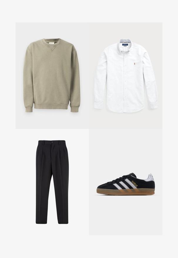 Felpa color khaki realizzata in morbido misto cotone, con scollo rotondo, polsini a costine e una vestibilità rilassata con dettagli di cucitura discreti.; Camicia bianca a maniche lunghe con bottoni, realizzata in cotone. Presenta un colletto alla francese, chiusura con bottoni e un piccolo logo ricamato sul petto.; Pantaloni neri con design a pieghe sul davanti, realizzati in tessuto morbido. Presentano una chiusura con bottone e passanti per cintura; vestibilità a gamba dritta.; Sneaker in suede nera con strisce bianche, suola in gomma color beige e logo "Gazelle" dorato. Design classico a bassa altezza, con una parte superiore testurizzata.