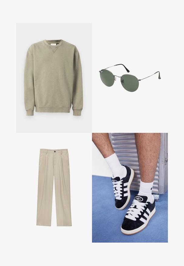 Felpa color khaki realizzata in morbido misto cotone, con scollo rotondo, polsini a costine e una vestibilità rilassata con dettagli di cucitura discreti.; Pantaloni beige a taglio dritto, con un solo bottone nero, passanti per la cintura e tasche laterali. Tessuto dalla texture liscia e design minimale.; Sneakers in suede nero con lacci bianchi e tre strisce bianche. Presentano un logo circolare nero sulla linguetta e una suola in gomma color gomma.; Occhiali da sole con montatura in metallo e lenti verdi ovali. Montatura sottile in metallo argento e terminali neri. Design minimalista, senza loghi visibili.