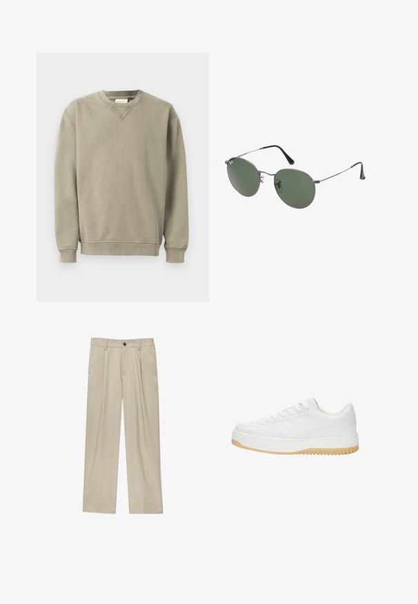 Khaki sweatshirt gemaakt van een zachte katoenmix, met een ronde hals, geribbelde mouwen en een ontspannen pasvorm met subtiele stiksels.; Beige broek met een rechte snit, voorzien van een enkele zwarte knoop, riemlussen en zijzakken. Glad stoffen textuur en een minimalistisch ontwerp.; Witte leren sneaker met een gematteerde afwerking, met een rubberen zool, vetersluiting en subtiele streepaccenten aan de zijkanten.; Metalen zonnebril met ovale groene lenzen. Dunne zilveren metalen rand en zwarte oorstoppers. Minimalistisch ontwerp, zonder zichtbare logo's.