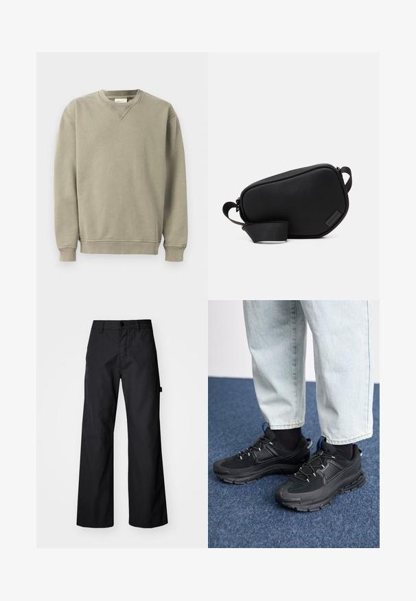 Khaaki színű pulóver, puha pamut keverékből készült, kereknyakú, bordázott ujjak és laza szabás jellemzi, finom varrással.; Fekete, bőszárú nadrág tartós anyagból. Gombos záródással és oldalsó zsebekkel rendelkezik. Sima textúra, letisztult dizájnnal.; Fekete sportcipők texturált anyaggal és gumitalppal, elasztikus fűzőkkel és kék kiegészítővel a saroknál. Világos farmernadrággal viselve.; Fekete, cipzáros keresztpántos táska sima anyagból, lapos formával, egyszálú pánttal és egy kis logós díszítéssel. Minimalista dizájn.