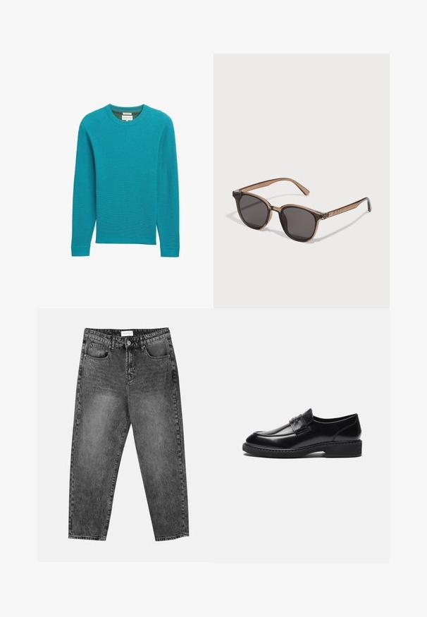Teal színű bordázott kötött pulóver hosszú ujjakkal és kerek nyakkivágással. Strukturált anyag és egyenes szabás. Nincs látható márkázás vagy minta.; Öt darab rövid ujjú póló szett fehér, bézs, világosszürke, sötétszürke és fekete színekben. Simaságot biztosító pamutból készült, kerek nyakkivágással.; Fekete mosott elegáns egyenes szárú farmernadrág, elülső és hátsó zsebekkel, övhurkokkal és gombos záródással a deréknál.; Zign LEATHER - Alkalmi belebújós cipők - black; Barna műanyag napszemüveg sötét lencsékkel, kerek formával és szűkített szármokkal. Figyelemre méltó díszítés a templomokon.; Fekete sporttáska vastag fogantyúkkal és levehető pánttal. Sima anyagból készült, cipzáras záródással és minimalista dizájnnal rendelkezik.
