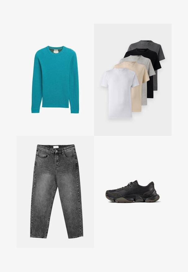 Türkiser, gerippter Strickpullover mit langen Ärmeln und Rundhalsausschnitt. Textilstruktur und gerade Passform. Keine sichtbaren Marken oder Muster.; Set aus fünf Kurzarm-T-Shirts in Weiß, Beige, Hellgrau, Dunkelgrau und Schwarz. Hergestellt aus glattem Baumwollmaterial, mit Rundhalsausschnitt.; Schwarz gewaschene gerade Jeans mit vorderen und hinteren Taschen, Gürtelschlaufen und einem Knopfverschluss an der Taille.; Schwarzer Sportschuh mit strukturiertem Sohle, Obermaterial aus Leder und Wildleder, gepolstertem Kragen und Schnürverschluss, im seitlichen Profil dargestellt.