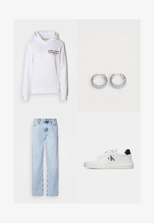 Felpa bianca realizzata in tessuto morbido, caratterizzata da un logo frontale con "GANT 1949" e accenti a strisce rosse/blu, con maniche lunghe e cappuccio con coulisse.; Jeans a gamba larga di un blu chiaro, realizzati in denim, con vita alta, lavaggio sbiadito e un sottile motivo tie-dye sulla parte anteriore.; Sneaker bassa bianca con tassello nero sul tallone, suola a piattaforma, lacci e logo "CK" di Calvin Klein sul lato.; Orecchini a cerchio in argento con un design testurizzato caratterizzato da scanalature verticali. Forma circolare con una chiusura a scatto sicura. Finitura liscia.