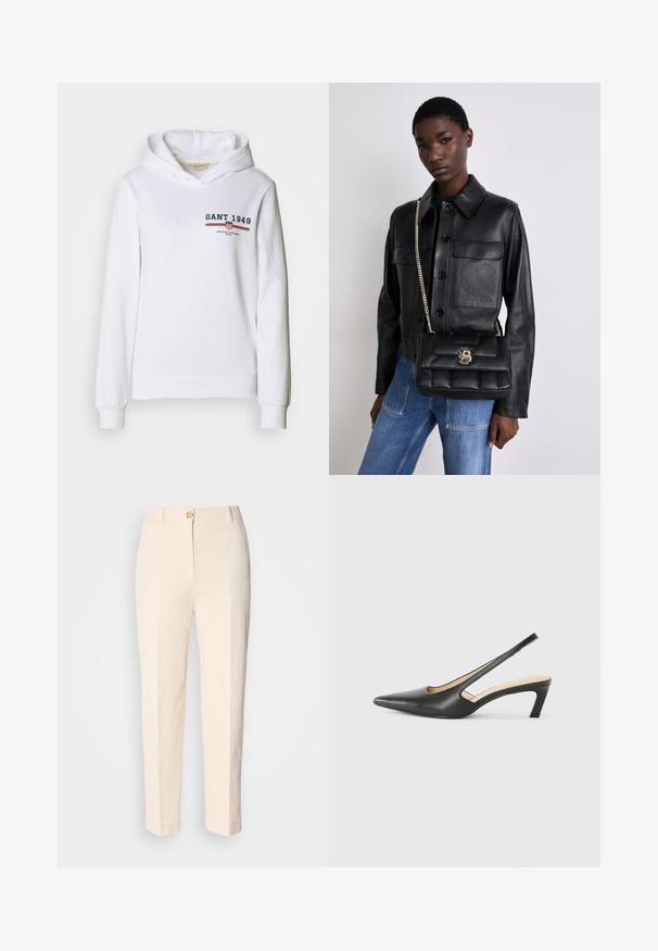 Witte hoodie gemaakt van zachte stof, met een voorlogo met "GANT 1949" en rode/blauwe gestreepte accenten, met lange mouwen en een trekkoordkap.; Crèmekleurige, hooggerocalde broeken van een gestructureerde stof. Voorzien van een sluiting met knoop aan de voorkant en taps toelopende pijpen.; Zwarte puntige slingback schoen met een lage hak, gemaakt van soepel leer en voorzien van een uitsnede aan de zijkant voor ventilatie.; Zwarte leren jack met knoopsluiting en twee voorzakken, gecombineerd met een zwarte gevoerde handtas met een gouden sluiting en kettingriem.