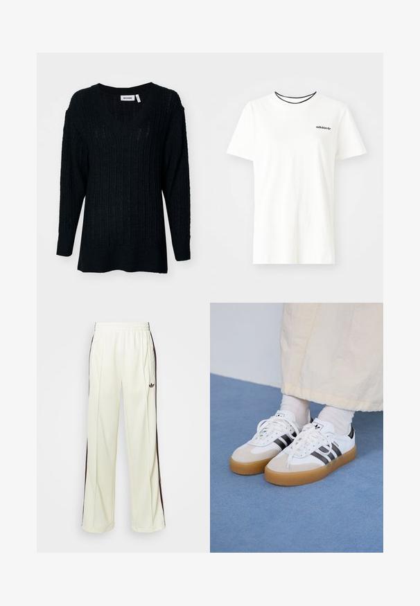 Black knitted sweater with a V-neck, ribbed texture, and long sleeves. Loose fit with a slightly longer back. Brand label visible.; White cotton t-shirt with short sleeves and a round neckline. Features a black Adidas logo on the chest and a contrasting black inner collar.; Cream-colored sweatpants with a relaxed fit, featuring dark brown side stripes and an embroidered logo on the left thigh.; White sneakers with black stripes and beige suede accents. Feature a textured gum sole and flat white laces, worn with light-colored socks.