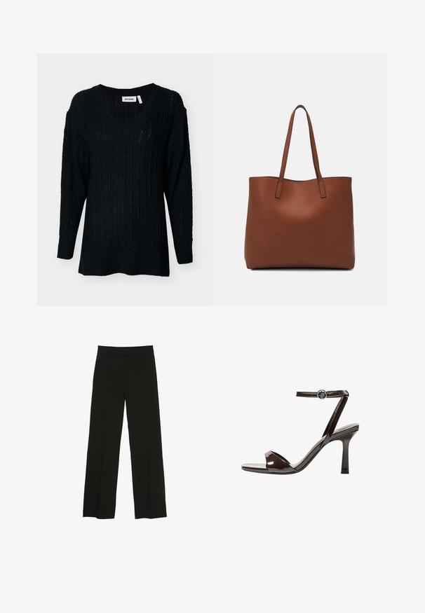 Czarny sweter dzianinowy z dekoltem w serek, prążkowaną teksturą i długimi rękawami. Luźny krój z nieco dłuższym tyłem. Widoczna metka marki.; Czarne spodnie szerokie na nogawkach wykonane z gładkiego materiału, z dopasowanym paskiem w talii i subtelnymi fałdami z przodu, które dodają tekstury.; Brązowe lakierowane skórzane sandały na wysokim obcasie z paskiem wokół kostki, otwartym noskiem i eleganckim, minimalistycznym designem. Posiadają kwadratowy obcas.; Brązowa skórzana torba tote o gładkiej fakturze, z otwartym wierzchem i dwoma ramiączkami. Charakteryzuje się minimalnym przeszyciem i brakiem widocznych elementów metalowych.
