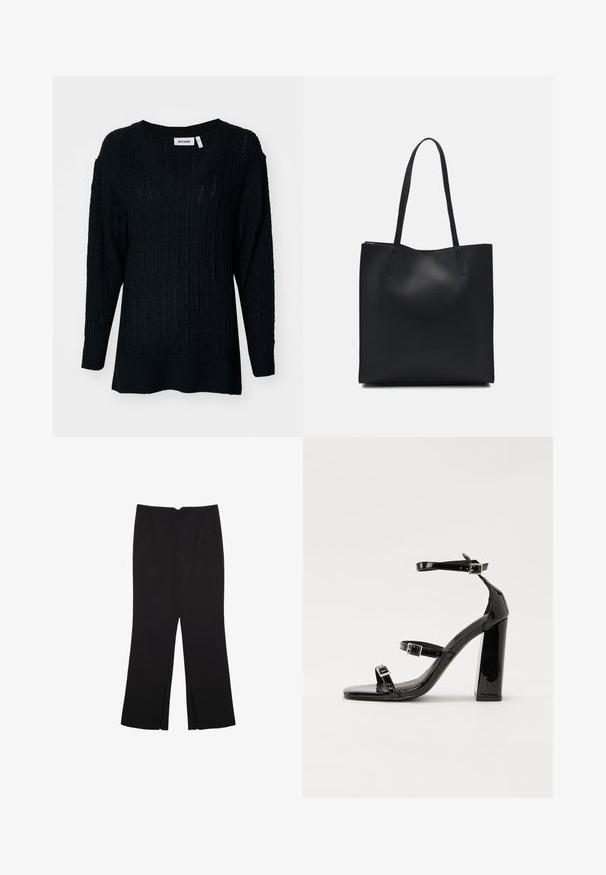 Pull en tricot noir avec un col en V, texture côtelée et manches longues. Coupe ample avec un dos légèrement plus long. Étiquette de la marque visible.; Pantalon noir avec une coupe droite, doté de poches avant et d'éclairs sur l'ourlet. Fabriqué en tissu doux et lisse. Convient à diverses occasions.; Sandales à talons vernies noires avec un bout carré, des sangles autour de la cheville et des boucles en argent. Dotées d'un talon bloc épais pour plus de stabilité.; Sac fourre-tout en cuir noir avec une texture lisse, de forme rectangulaire et deux longues poignées. Pas de matériel ou d'ornementations visibles.