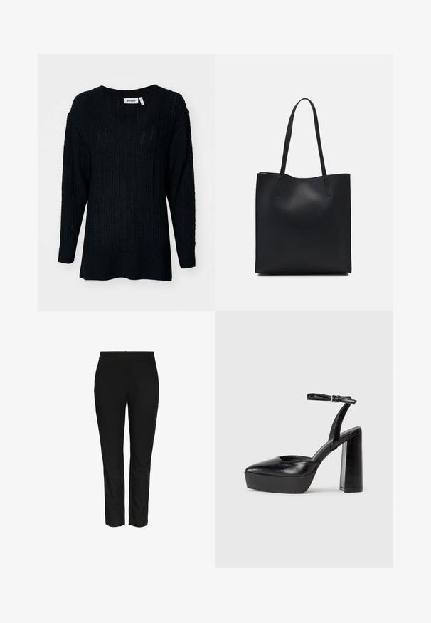 Black knitted sweater with a V-neck, ribbed texture, and long sleeves. Loose fit with a slightly longer back. Brand label visible.; Black, slim-fit trousers made from a smooth, woven fabric. Features a standard waistband and no visible pockets. Clean, tailored appearance.; Black platform heels with a pointed toe and adjustable ankle strap. Constructed from smooth leather, featuring a chunky block heel.; Black leather tote bag with smooth texture, rectangular shape, and two long handles. No visible hardware or embellishments.