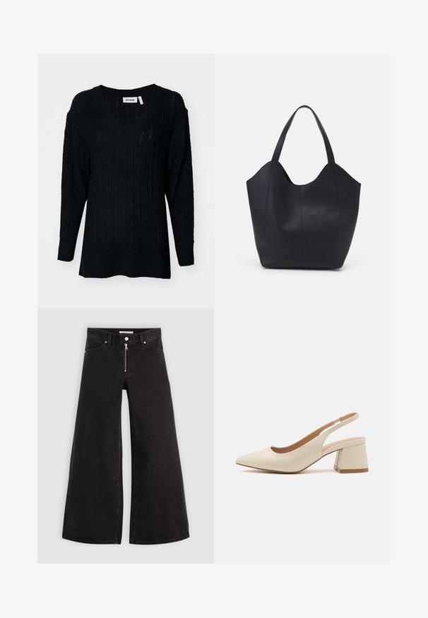 Svart strikket genser med V-hals, ribbet tekstur og lange ermer. Løs passform med en litt lengre bakdel. Merkelappen synlig.; Vide benbukser i sort denim med glidelås i front, fem-lomme design og subtile sømdetaljer. Glatt tekstur og avslappet stil.; Spiss tå slingback-pumpe i lysebeige lær med lav blokkheel. Har et utskjæringsdesign og glatt tekstur.; Svart tote-veske laget av glatt lær, med en buet, åpen topp og to skulderstropper, samt et minimalistisk design.