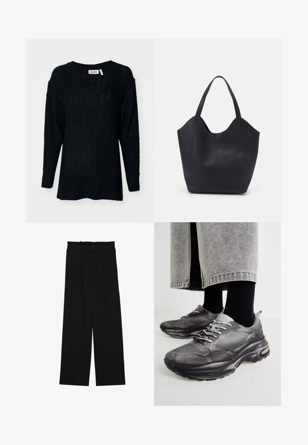 Pull en tricot noir avec un col en V, texture côtelée et manches longues. Coupe ample avec un dos légèrement plus long. Étiquette de la marque visible.; Pantalons larges noirs à taille volante, dotés de deux poches latérales et d'un tissu lisse et léger. Pas de motifs ni de matériel visible.; Des chaussures de sport noires et grises présentent un dessus en mesh, des semelles épaisses et des lacets. Elles ont un bout arrondi et des détails de rembourrage visibles.; Sac fourre-tout noir en cuir lisse, doté d'un haut ouvert et courbé avec deux brides d'épaule et un design minimaliste.