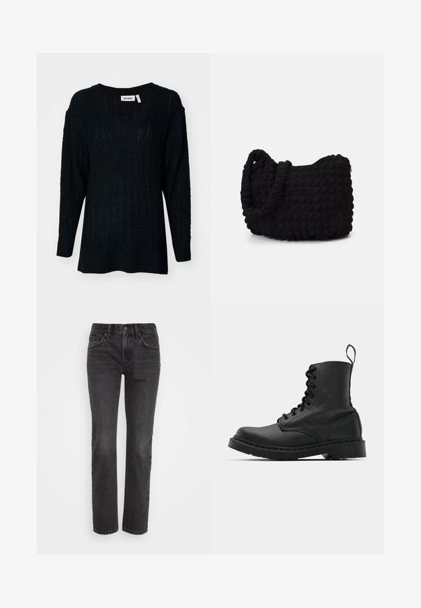 Pulover negru din tricot, cu decolteu în V, textură ribbed și mâneci lungi. Croială lejeră, cu spate ușor mai lung. Eticheta brandului este vizibilă.; Jeans din denim negru cu croială dreaptă, având un design clasic cu cinci buzunare, fermoar și cusături contrastante pe margini.; Cizmă de luptă din piele neagră, cu vârf rotund, șireturi în față și o bandă de tragere la gleznă. Dispune de o talpă groasă din cauciuc pentru durabilitate.; Geantă dintr-un material textil negru, cu un model texturat și matlasat. Formă rotundă, mânere scurte și groase, și o structură moale, flexibilă.