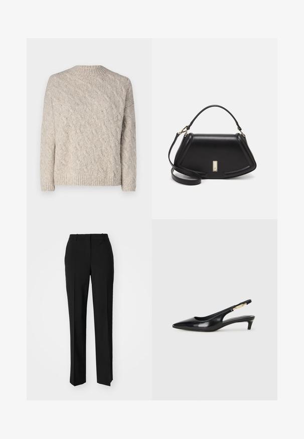 Hellbeige gestrickter Pullover mit einem strukturierten Zopfmuster, langen Ärmeln und einem runden Halsausschnitt mit geripptem Saum und Bündchen.; Schwarze, taillierte Hose mit geradem Bein, aus einem glatten Stoff und mit klaren Falten an der Vorderseite. Keine sichtbare Hardware.; Schwarze Leder-Slingback-Pumps mit spitzem Schuhblatt, ausgestattet mit einem schlanken Absatz und einem goldfarbigen Akzent am verstellbaren Riemen. Glatte Textur.; Schwarze Lederhandtasche mit einem strukturierten Design, das eine verkürzte Form, einen oberen Griff und goldfarbene Hardware-Details aufweist. Verstellbarer Schulterriemen ist enthalten.
