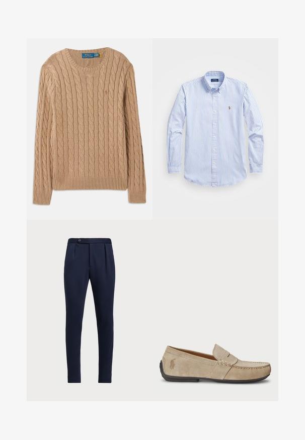 Bežs adīts džemperis ar kabelīša rakstu, apaļa izgriezne, ribota apkakle un maliņas. Iekšējā apkakles daļā atrodas zīmola etiķete.; Gai zilo un baltu svītrotu krekla ar pogām, klasiskām apkaklēm, garām piedurknēm un mazu izšūtu logo uz krūtīm.; Tumši zila piegriezuma bikses ar plakanu priekšpusi, diviem priekšējiem izgriezumiem un vienu pogu, ar gludu, teksturētu audumu.; Beige zamšveida loaferi ar izšūtu detaļu, platu gumijas zoli un mazu logo sānos. Klasisks viegli uzvelkamais dizains, mīksta tekstūra.
