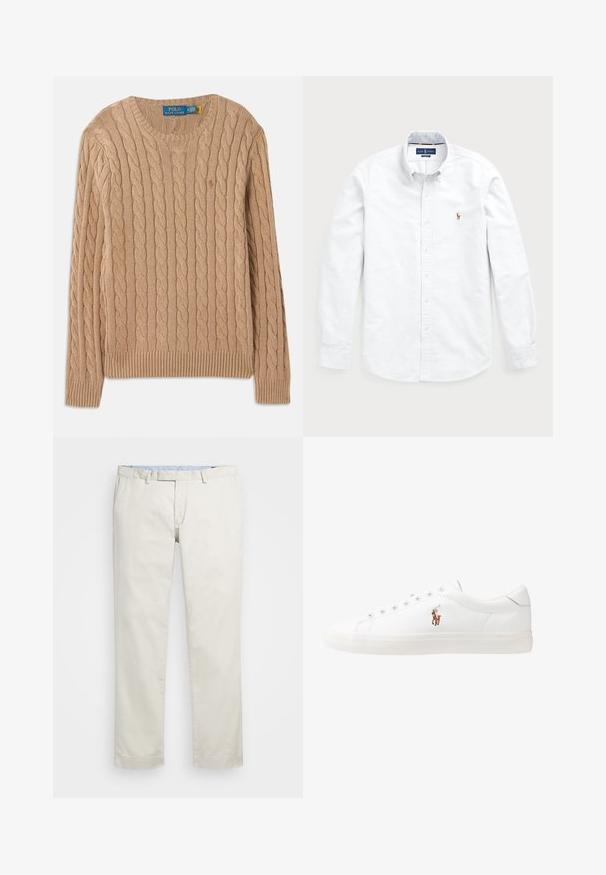 Šviesiai rudas megztinis su pynėmis, apvaliu iškirpimu, ribotais manžetais ir apatine dalimi. Vidinėje apykaklėje yra prekės ženklo etiketė.; Balta ilgomis rankovėmis marškinėliai, pagaminti iš medvilnės. Turi atvirus apykaklę, mygtukų užsegimą ir mažą siuvinėtą logotipą ant krūtinės.; Šviesiai rudi medvilniniai chinos tipo kelnės su plokščiu priekiniu dizainu, diržo kilpomis ir šoninėmis kišenėmis. Tiesaus kirpimo dizainas su lygiu paviršiumi ir lengvu, kvėpuojančiu jausmu.; Baltos odinės sportbačiai, žemo profilio, su lygia tekstūra, apvalia nosimi, raištelių sistema priekyje ir mažyte siuvinėta logo šone.