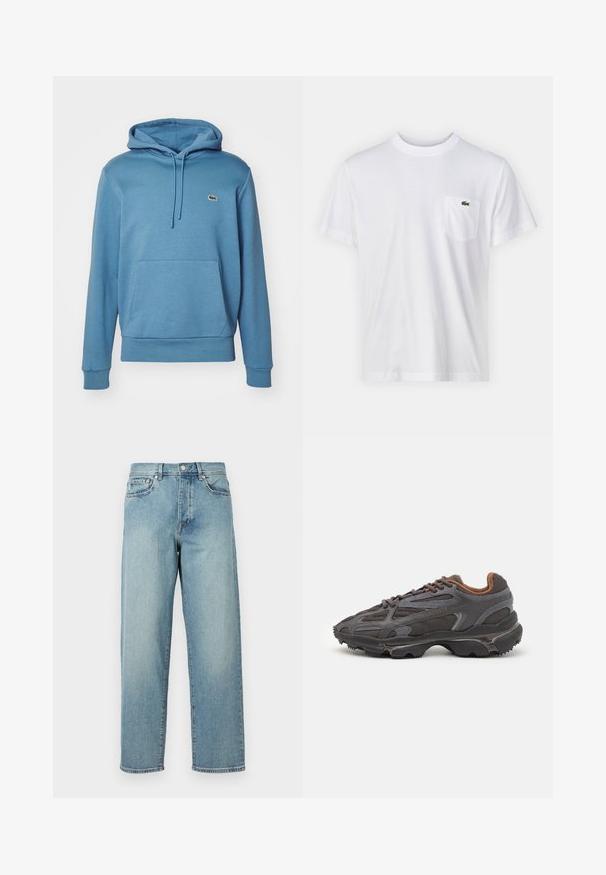 Sudadera con capucha de color azul claro, hecha de tela suave, que presenta un bolsillo tipo canguro en el frente, puños acanalados y un pequeño logo en el pecho.; Camiseta de algodón blanca con escote redondo y mangas cortas. Cuenta con un bolsillo en el pecho izquierdo y un pequeño logo verde de Lacoste.; Jeans de mezclilla azul claro con un corte amplio, piernas rectas, diseño de cinco bolsillos y cierre de botón en la cintura. Detalle de costura minimalista.; Zapatillas Lacoste en gris oscuro con material de malla y sintético, que cuentan con una suela texturizada y detalles en marrón en el cuello y la marca.