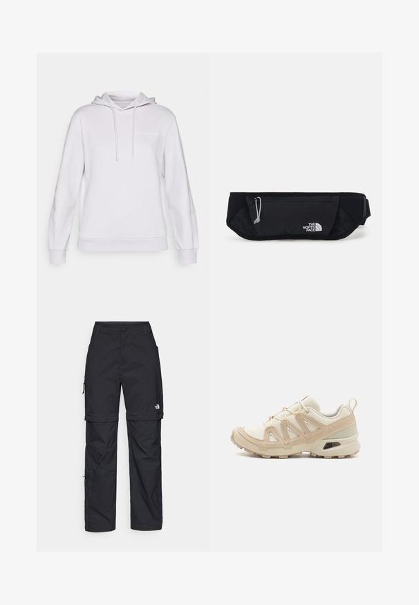 Világosszürke kapucnis pulóver, puha anyagból készült. Elöl kenguruzseb található, állítható kapucnival, bordás mandzsettákkal és egy kis logóval a mellrészen.; Fekete nylon zipzáras cargo nadrág állítható mandzsettával, több zsebbel és logóval a jobb lábon. Simább, könnyű textúra.; Beige és krém színű sportcipő, texturált hálós felsőrésszel, támogató burkolattal és gumitalppal, amely tapadás érdekében bordázott mintázattal rendelkezik.; The North Face SUNRISER RUN BELT UNISEX - Övtáska - black/white