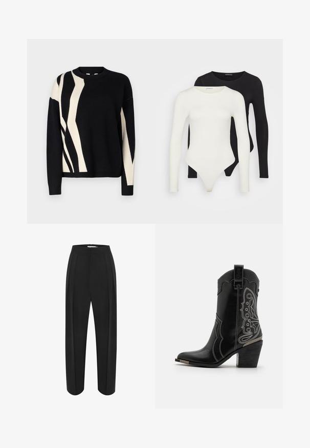 Pull en maille noir avec un motif abstrait crème. Encolure ras du cou, manches longues et poignets côtelés. Texture douce avec une coupe décontractée.; Deux bodys en manches longues, en blanc et en noir. Fabriqués en tissu lisse, avec des encolures rondes et un fond en tanga pour un port ajusté.; Pantalons larges noirs à taille haute, avec une texture lisse et deux plis à l'avant. Conçus avec une silhouette épurée et ajustée.; Botte de cowboy en cuir noir avec des coutures blanches et un design orné sur les côtés. Le talon est épais et texturé, avec un accent métallique.