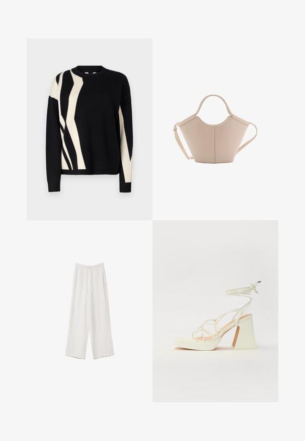 Schwarzer Strickpullover mit einem abstrakten cremefarbenen Muster. Rundhalsausschnitt, lange Ärmel und gerippte Bündchen. Weicher Stoff mit lockerer Passform.; Weiße weit geschnittene Hose aus leichtem Stoff. Mit einem elastischen Bund und Kordelzug sowie Seitentaschen. Glatte Textur.; Weiße High-Heel-Sandale mit einem klobigen Absatz, die über ein Riemchendesign und ein Knöchelband verfügt. Glatte Textur mit einer Plattform vorne für zusätzliche Höhe.; Beige Lederhandtasche mit einer einzigartigen Form, die zwei kurze Henkel und einen langen verstellbaren Riemen aufweist. Glatte Textur mit minimalen Hardware-Elementen.